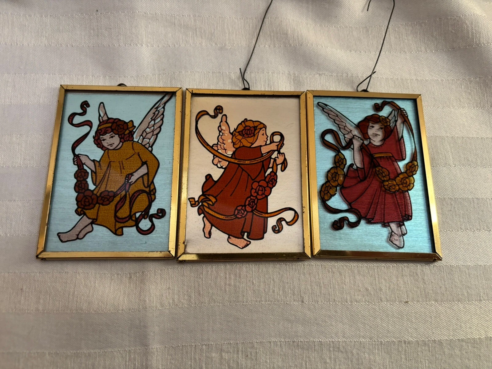 Faux Stained Glass Christmas Ornaments Angels 1970s Set Of 3 Rectangular Vintage