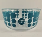 VTG-Pyrex-1915 ANNIVERSARY -TURQUOISE POLKA DOT CLEAR GLASS 1 QUART BOWL-7201