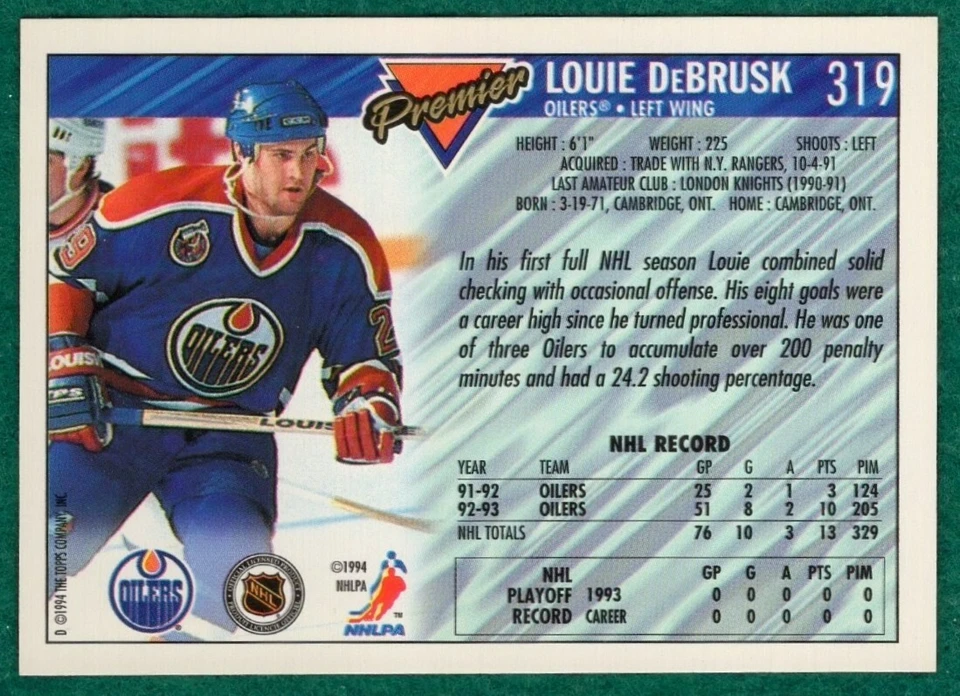 Louie DeBrusk - 1993-94 OPC Premier #319 - Edmonton Oilers Hockey Card - Image 2 of 2