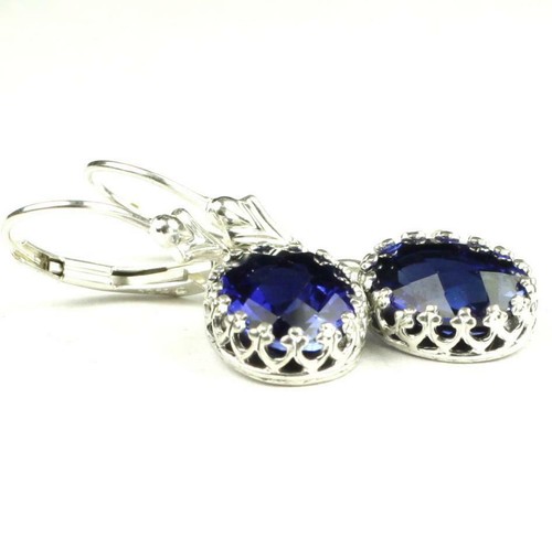 925 Sterling Silver Crown Bezel Leverback Earrings, Created Blue Sapphire, SE109 - Picture 3 of 5