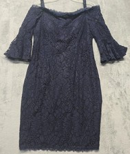 Adrianna Papell Dress Womens Size 14 Navy Lace Off Shoulder Sheath Bell Sleeve