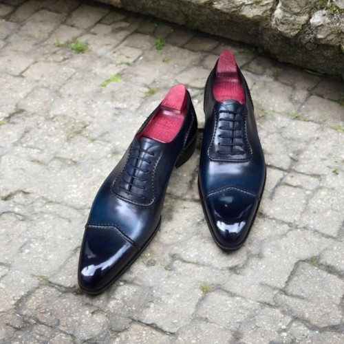 Handmade Men's Blue Leather Oxford Whole-Cut Lace Up Dress Casual Shoes Men - Picture 2 of 6