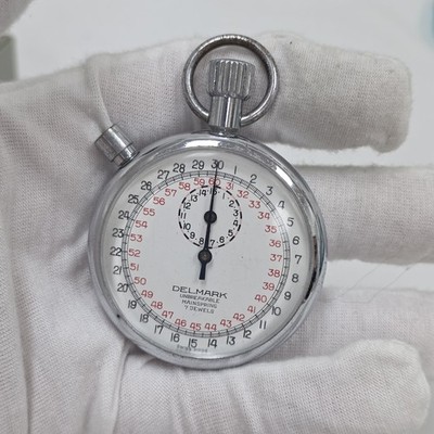 Vintage Delmark 7 Jewel Mechanical Stop Watch Stainless Steel Swiss Made