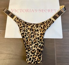 NEW Victoria  s Secret Shine Strap Thong Panty Gold Leopard Rhinestone VS M