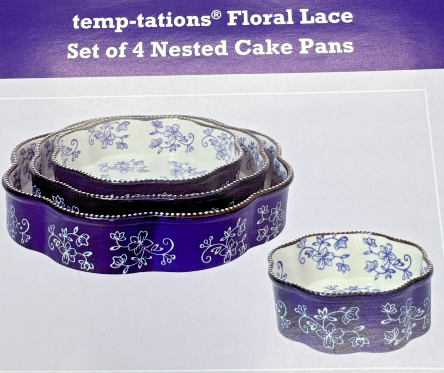 Temp-tations Floral Lace Blue Set of 4 Nested Cake Pans New In Box
Opens in a new window or tab