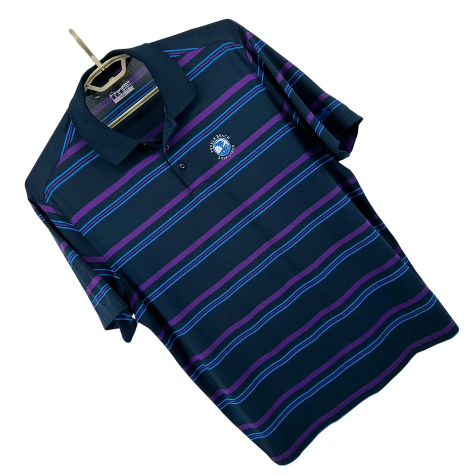 Camisa Polo Under Armour Para Hombres XL Azul Marino Púrpura Guijarro Playa Eslabones de Golf Logo Rayas Foto 3 de 4