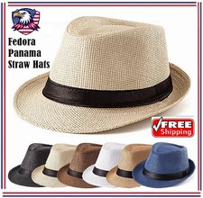 Unisex Straw Fedora Panama Hat Summer Sun Short Brim Floral Trilby Cuban Cap Hat