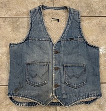 Vtg 70s 80s Mens S/M Wrangler No Fault Denim Vest Sherpa Fleece Lined Distressed