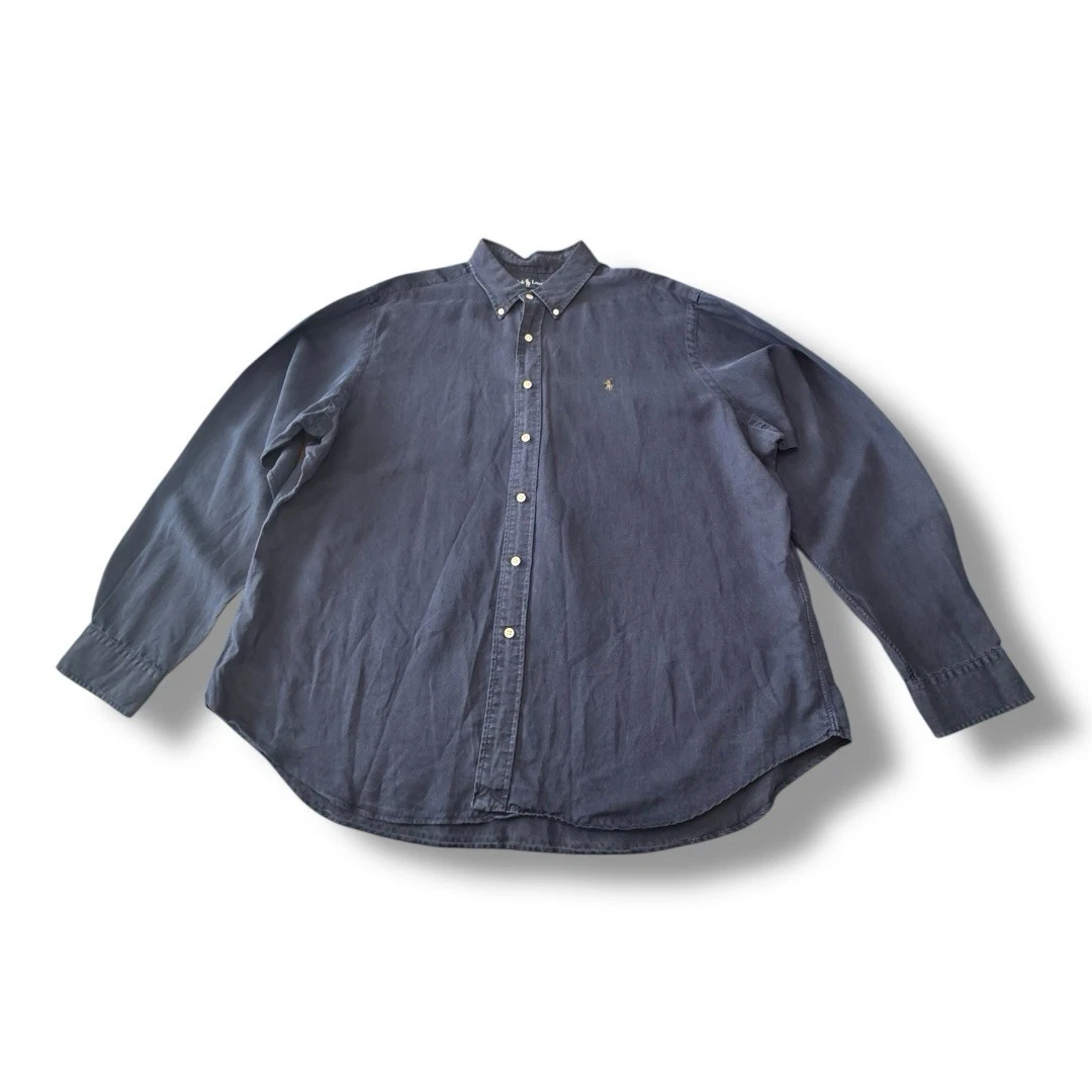 Polo Ralph Lauren Shirt Navy Blue Linen Silk Blend Long Sleeve Classic Men’s XXL