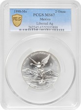 Mexico 2 onza 1998 Mo, PCGS MS67, "Silver Bullion Coinage "Libertad"