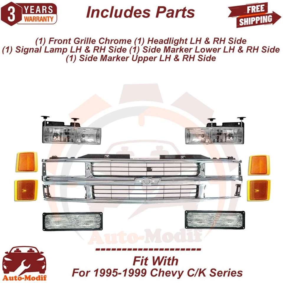 Front Grille Chrome & Head & Signal Light & Reflector For 95-99 Chevy C/K Series — 第 2/4 张图片