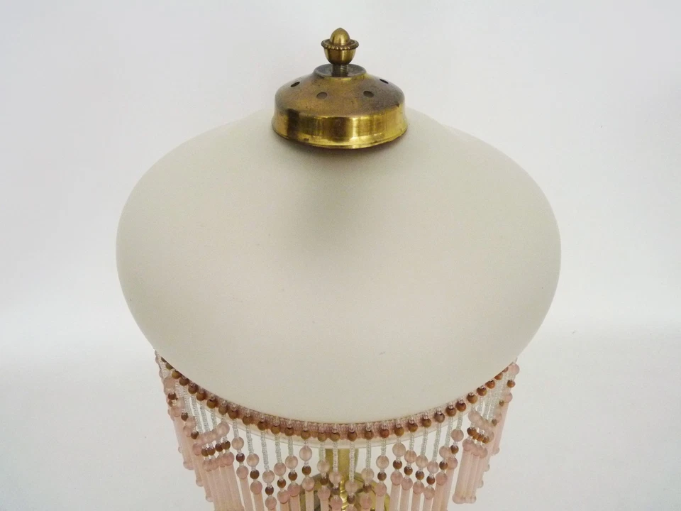 Lampe de table, lampe de chevet 2 feux, pied laiton, globe et perles rose - Photo 4/4
