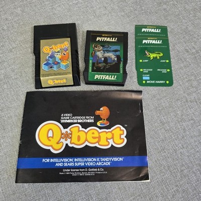 Intellivision Q*bert Pitfall Game Lot Cart Manual Overlays