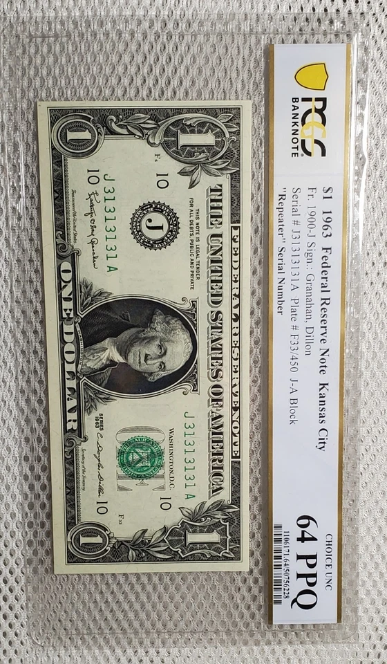 1963 $1 FRN Fancy Serial Super Repeater #31313131 Kansas PCGS Choice UNC 64 PPQ - Image 4 of 4