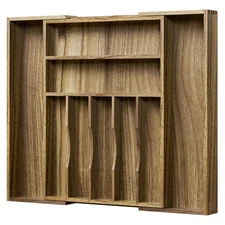 Acacia Wood Kitchen Silverware Drawer Organizer, Expandable Utensil Cutlery D...