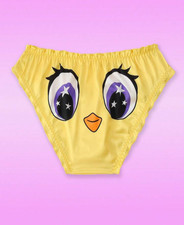 Glossy Satin Crinkle Edge Women  s Yellow Cartoon Print Low-Rise Brief Panties L