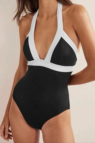 Boden Ithaca Swimsuit Black Ivory Size 12 Regular Padded Plunge Halter Neck New