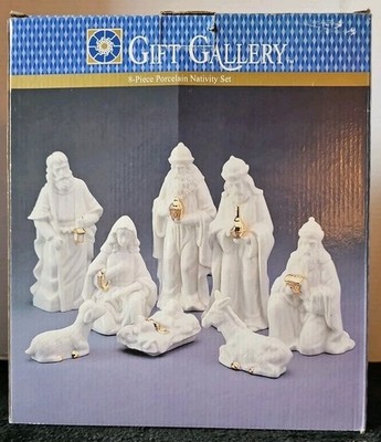Vintage Gift Gallery White & Gold 8 Piece Porcelain Nativity Set New In Box