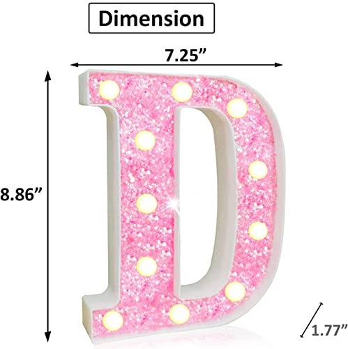 Light Up Letters, Glitter Alphabet Letter Sign Pink LED Marquee Letter letter D