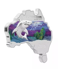 2016 1oz Australia Perth Mint GREAT WHITE SHARK Australian Map Shaped .999 Silve