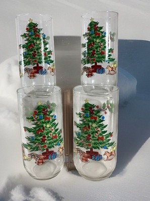 Christmas Tree design Glasses Luminarc 1992 Set of 4 Vtg 16oz Holiday Tumblers