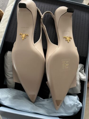 Prada Slingback Kitten Heels Bow Appliqué Beige Nude Leather Size 37 NIB - Picture 2 of 3