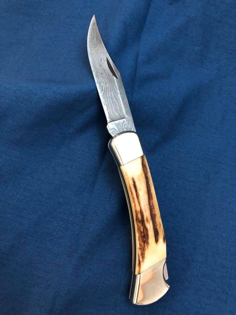 BUCK 110V Damascus Stag Holding Knife 1989 Vintage Leather Sheath  