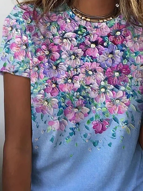 Women's Casual Fashion Round Neck Short Sleeve Flower Women's Shirt