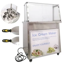 Ice Cream Maker Fried Yogurt Roll Machine Single Flat Pan 6 Buckets Dust Cover