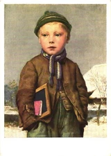 School Boy with Slate Board in A Snowy Landscape by Albert Anker Postcard
