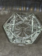 Vintage Clear Pressed Glass Hexagon Ashtray 5.5" Starburst Pattern On Bottom