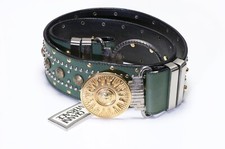 Vintage 1990  s Gianni Versace Wide Green Leather Studded Medusa Waist Belt
