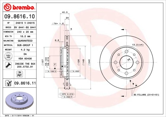 Disque de frein BREMBO en alliage haute performance pour trains avant FORD et FIAT en lot de 2