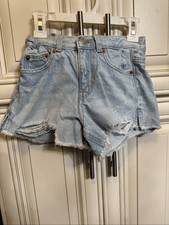 ZARA Girls Raw Fringe Hem Faded Distressed Denim Jean Shorts Light Blue Size 7
