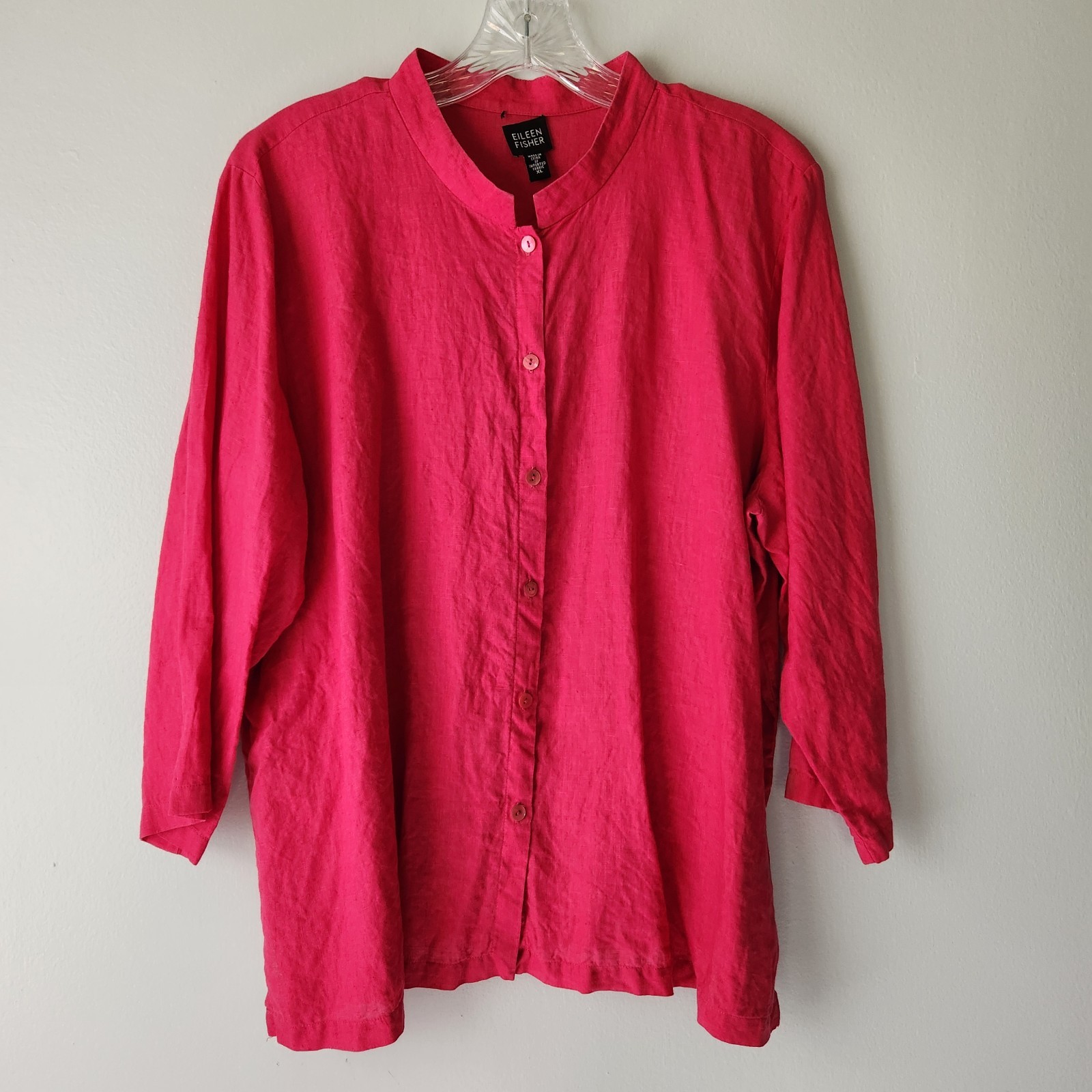 Eileen Fisher Irish Linen Shirt Women's XL Fuchsia Button Up Boho Chic Coastal