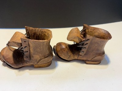 1 PR OF HAND CARVED WOOD OLD BOOTS w/ LEATHER LACES-By C.R. HEINE
