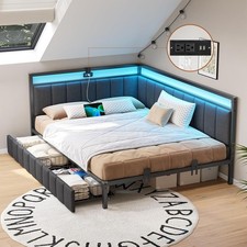 Full Size Corner Bed Frame with Drawers,Charging Station,Led Lights,Metal Daybed