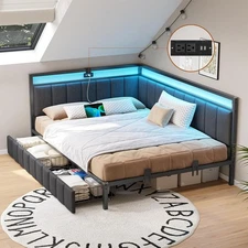 Full Size Corner Bed Frame with Drawers,Charging Station,Led Lights,Metal Daybed