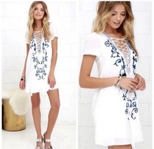 Lulus Shift Dress White Embroidered Kokomo Lace Up Neckline Mini Swim Cover Up L