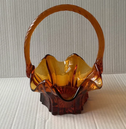 FENTON Art Glass Amber Vulcan Style Basket Twisted Handle Beautiful Colour