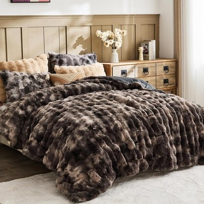 Fuzzy Fluffy Comforter Queen Set - Rabbit Fluff Faux Fur Duvet Cover Tie-Dye ...