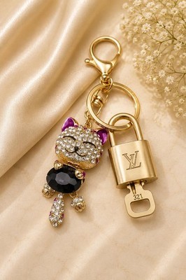 Louis Vuitton Authentic Gold Padlock   Key + Stylish Unbranded Bunny Bag Charm