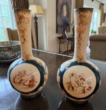 Pair of Victorian Hand-Painted Opaline Glass Bud Vases with Cherub Cartouches — listing 2