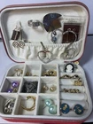 Vintage Costume Jewelry Lot Earrings Brooches Rings W Red Travel Jewelry Case
