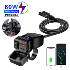 QC3.0+PD Motorcycle Dual USB Phone GPS Fast Charger Adapter Voltmeter Waterproof