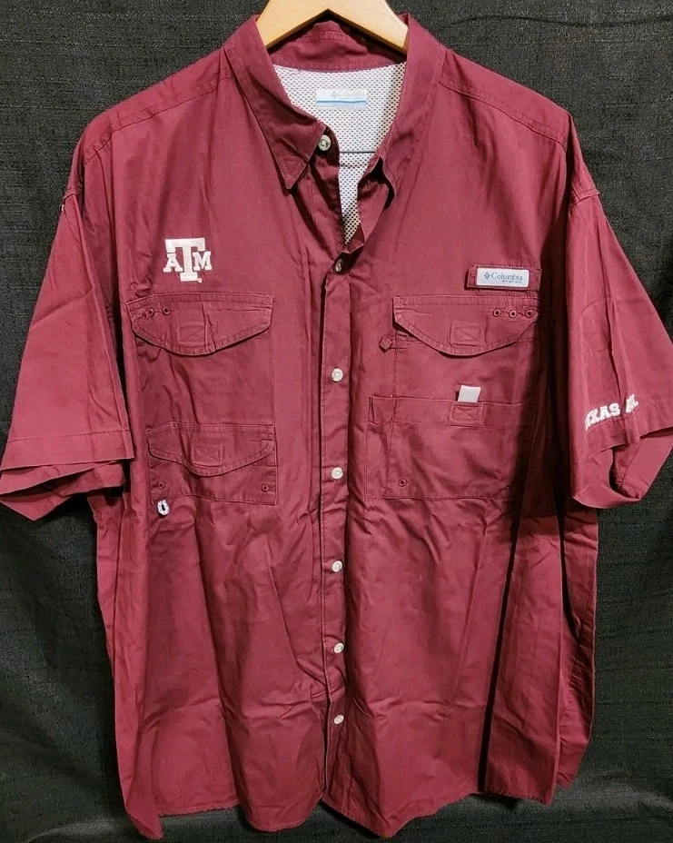 Camisa Texas A&M Columbia PFG cabeça de osso manga curta botão ventilada GG marrom em excelente estado usado - Imagem 2 de 4