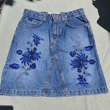 Vintage 80s Express Bleus Floral Embroidered Denim Jean Skirt Size 5/6 USA Made