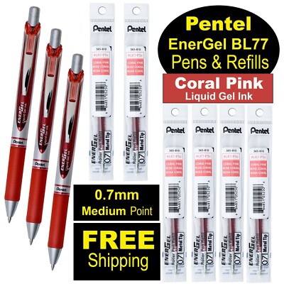 Pentel EnerGel RTX BL77-P3 0.7mm Coral Pink Gel Ink Rollerball Pens & Refills