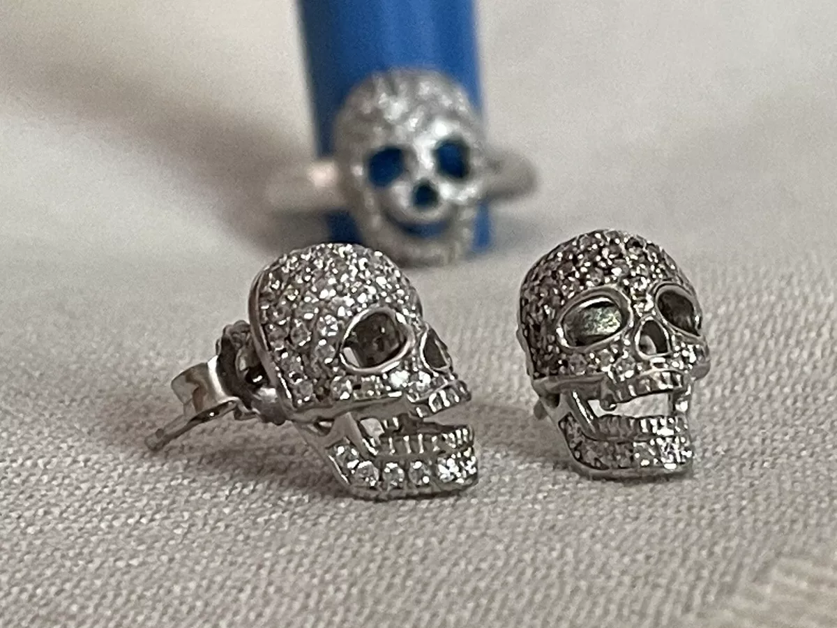 BERRICLE Sterling Silver Skull Bones C Zirconia CZ Stud Earrings