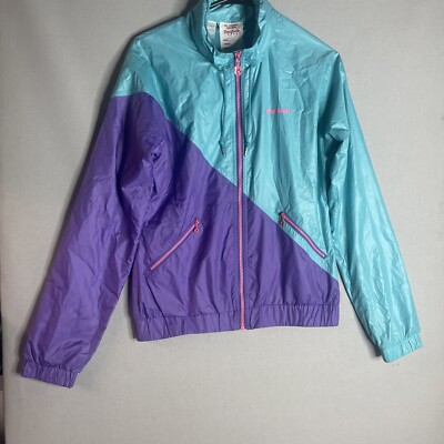 Vintage Reebok Windbreaker Jacket Adult Large Neon Teal Purple